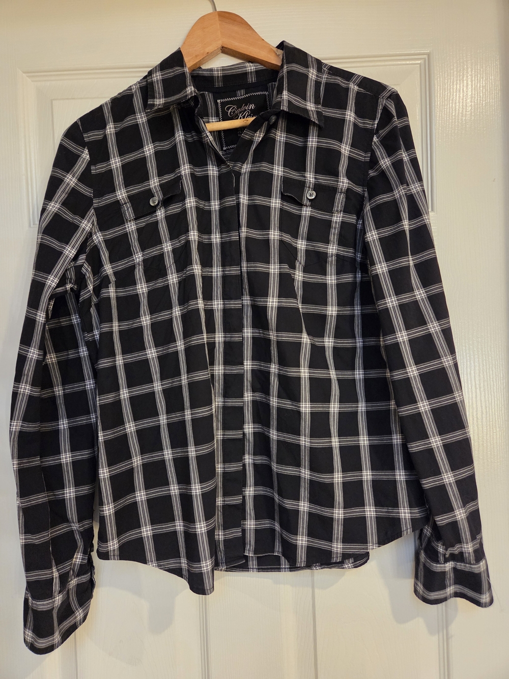 Calvin Klein Jeans Black White Plaid Roll Tab Button Down Shirt